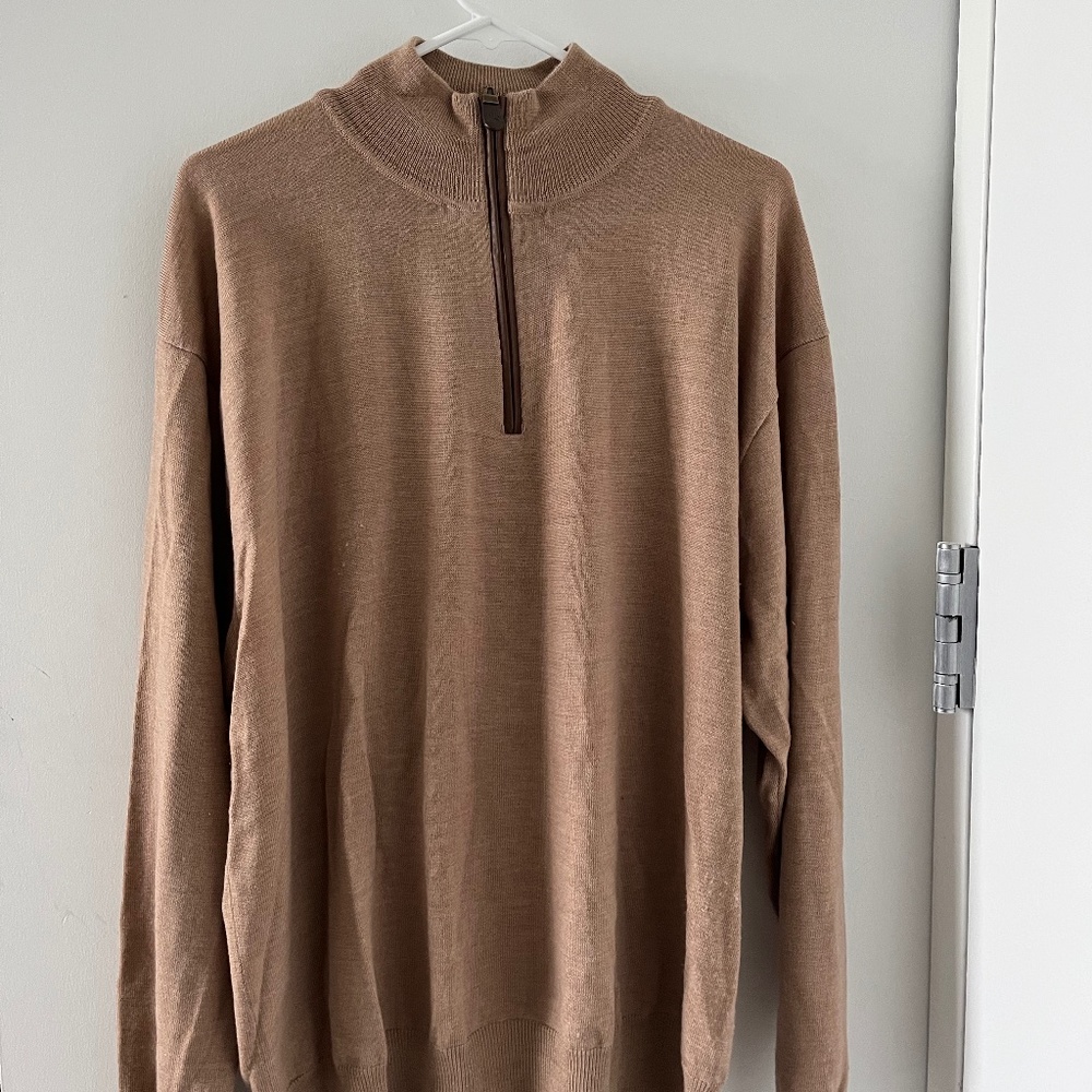 ORVIS 100% Merino Wool Quarter-Zip Sweater Tan Brown with leather trim size XL